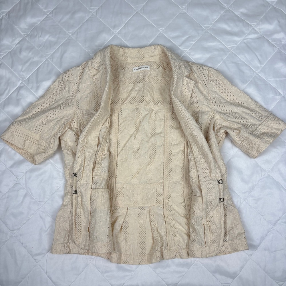 Coldwater Creek Ivory Eyelet Embroidered Cotton Blazer Jacket Hook Front Sz M - Picture 7 of 14